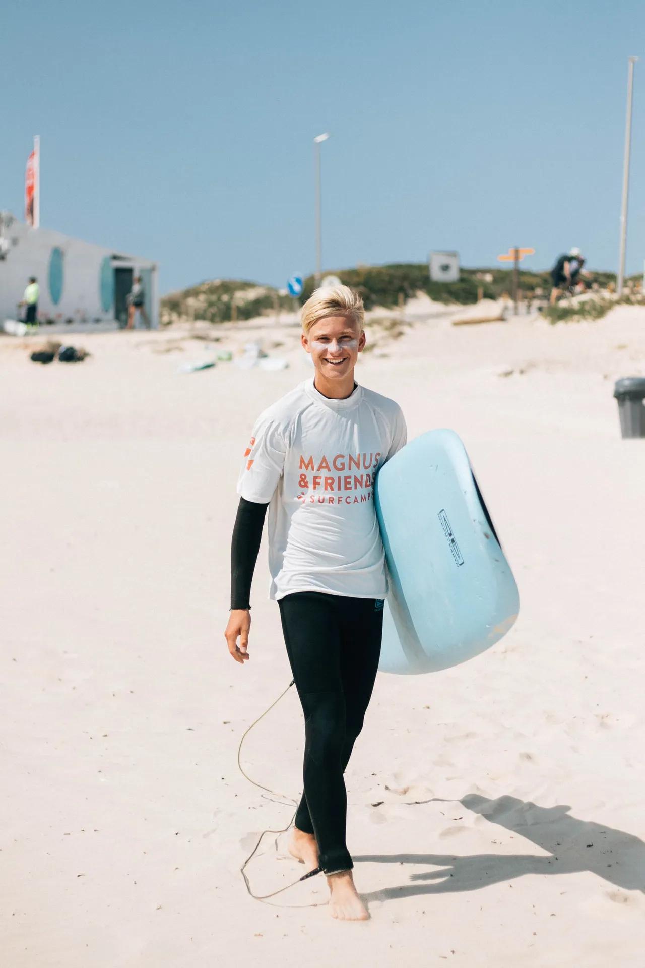 surfare med surfbräda under armen gående på stranden