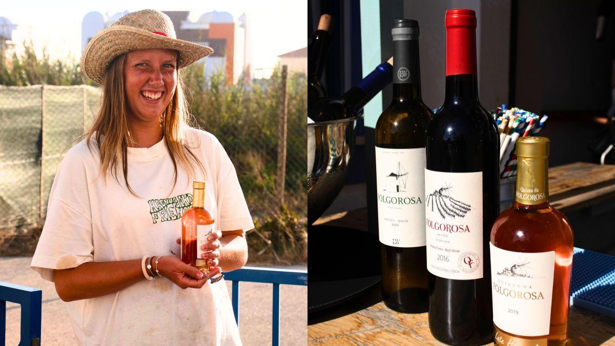 Bildcollage med en leende person från Magnus & friends som håller en flaska rosévin, bredvid en uppställning av olika vinflaskor.