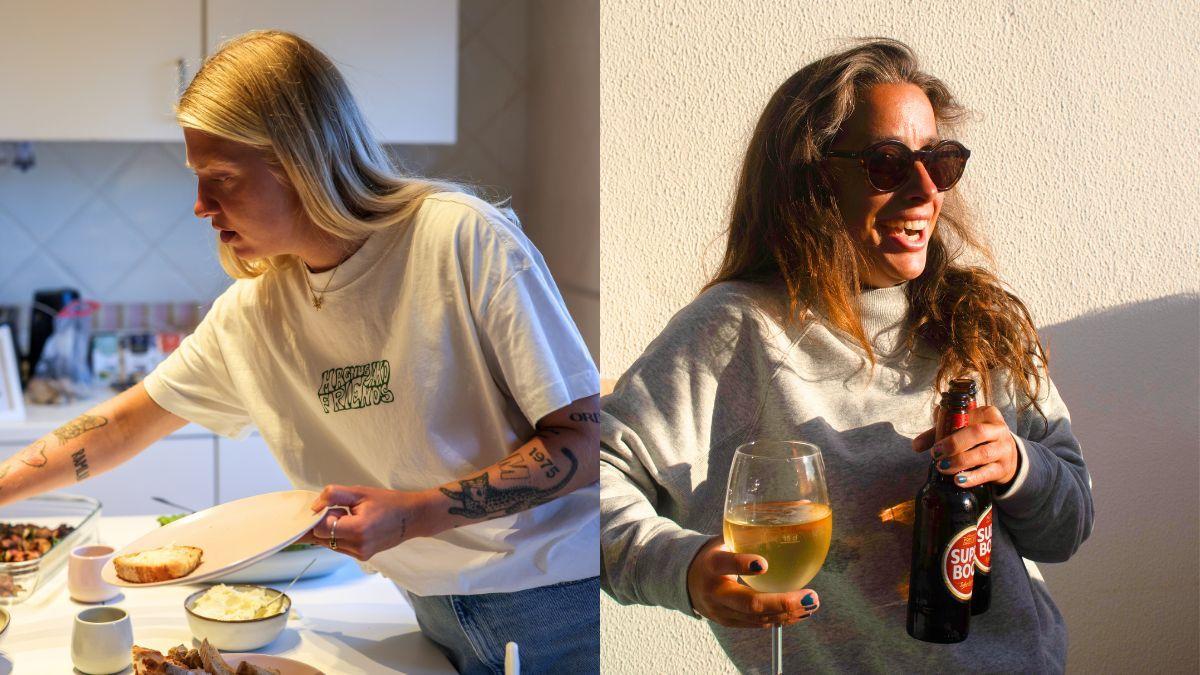 Bildcollage med en person som förbereder mat i köket och en annan person som skrattar i solen med ett glas vin och en ölflaska i handen.