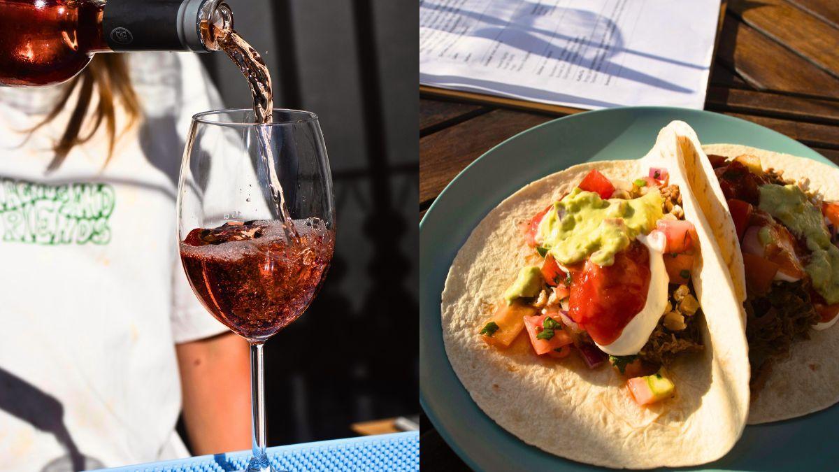 Bildcollage med ett glas rosé som fylls på och beef chili taco.