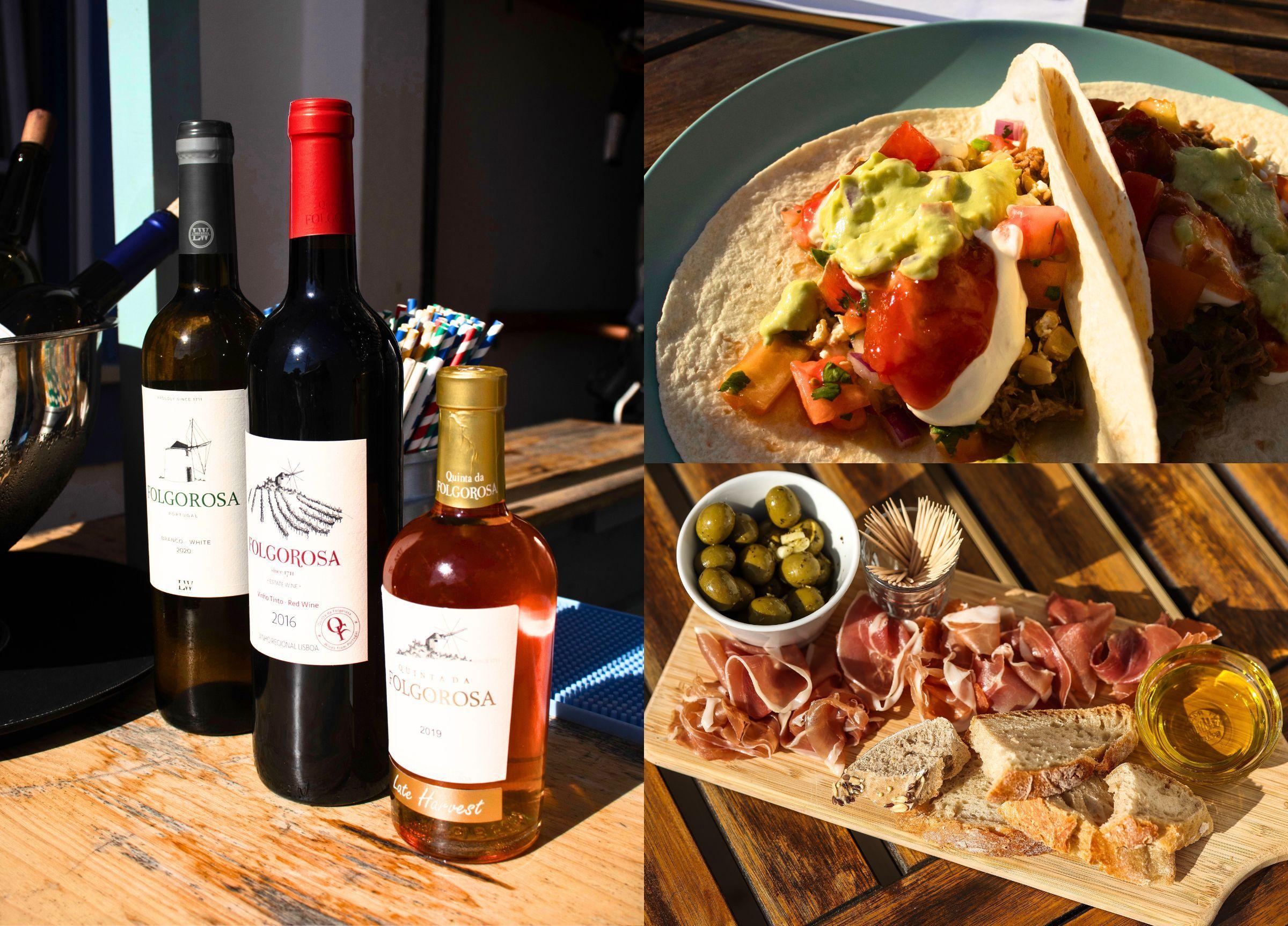 Collage med tre bilder: vinflaskor, en charkbricka med olika delikatesser och en tallrik med tacos