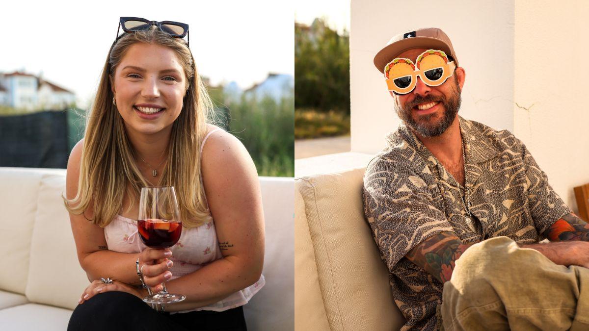 Bildcollage med en glad tjej med ett glas vin i handen och en man som skrattar.